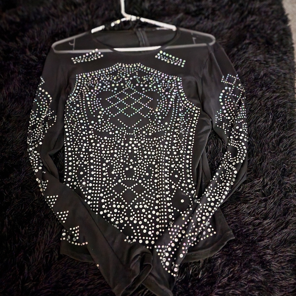 Black and silver rhinestone mesh top